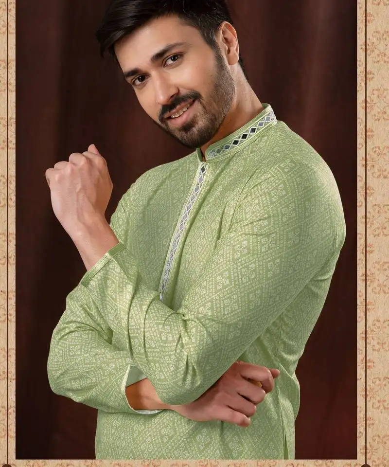 Straight art silk light green solid collar neck with embroidery kurta payjama