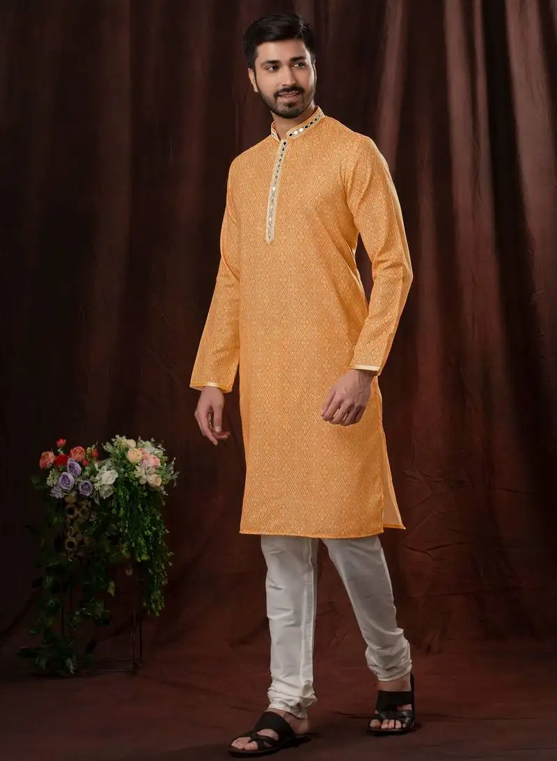 Straight art silk orange solid collar neck with embroidery kurta payjama