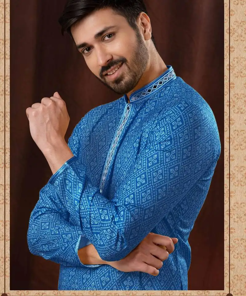 Straight art silk blue solid collar neck with embroidery kurta payjama