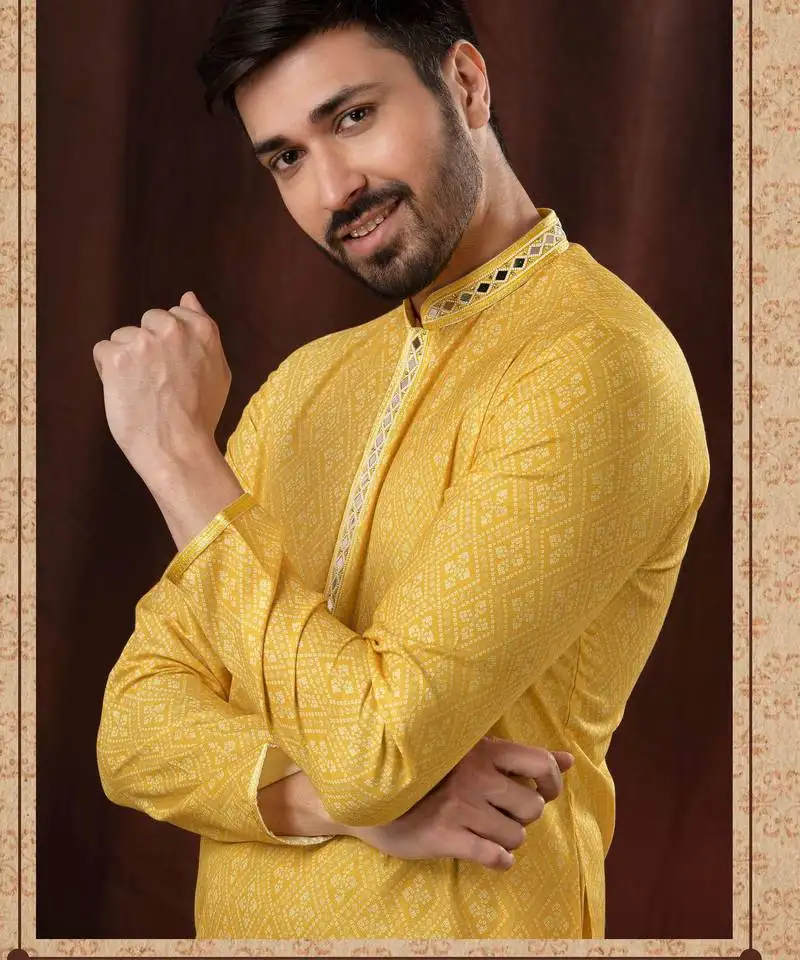 Straight art silk light yellow solid collar neck with embroidery kurta payjama
