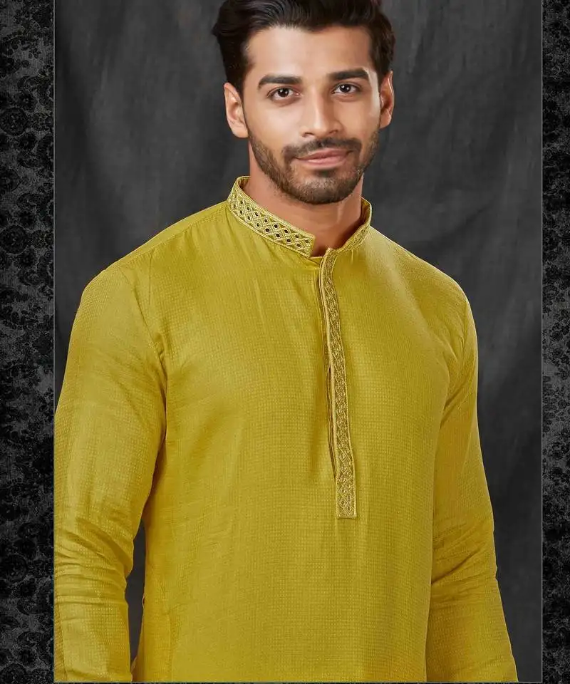 Straight self jacquard green solid collar neck with embroidery kurta payjama
