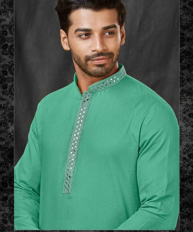 Straight self jacquard c.green solid collar neck with embroidery kurta payjama