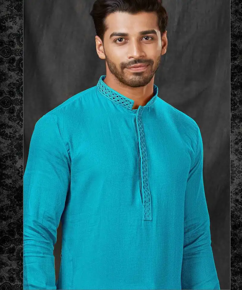 Straight self jacquard blue solid collar neck with embroidery kurta payjama