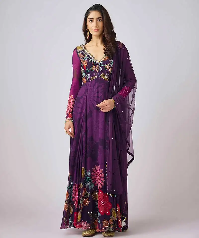 Purple printed georgette anarkali