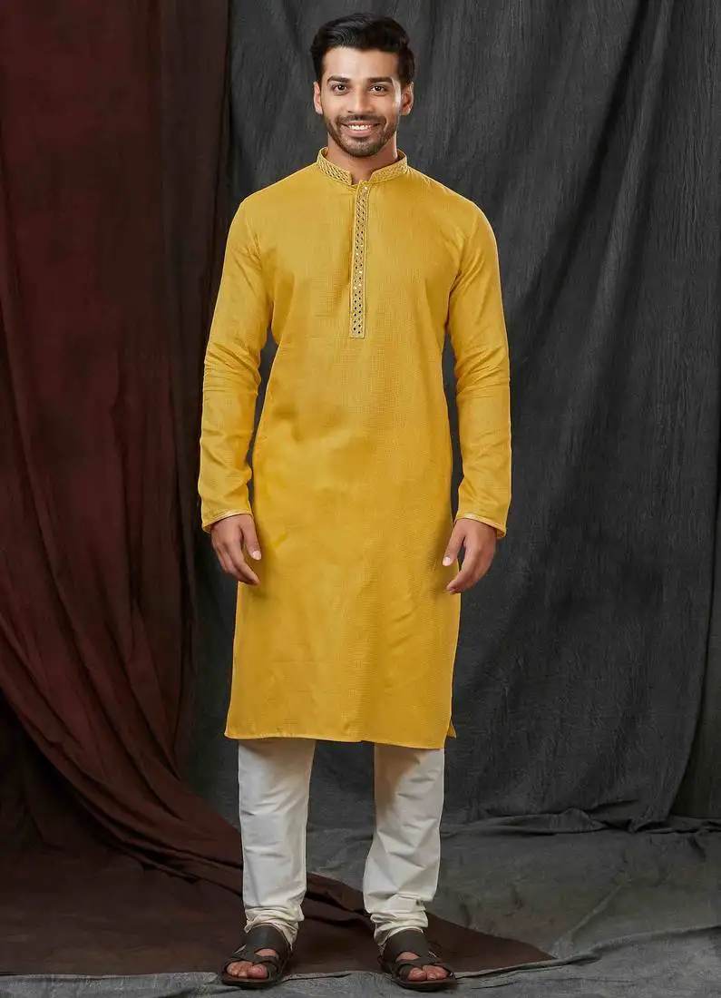 Straight self jacquard musturd solid collar neck with embroidery kurta payjama