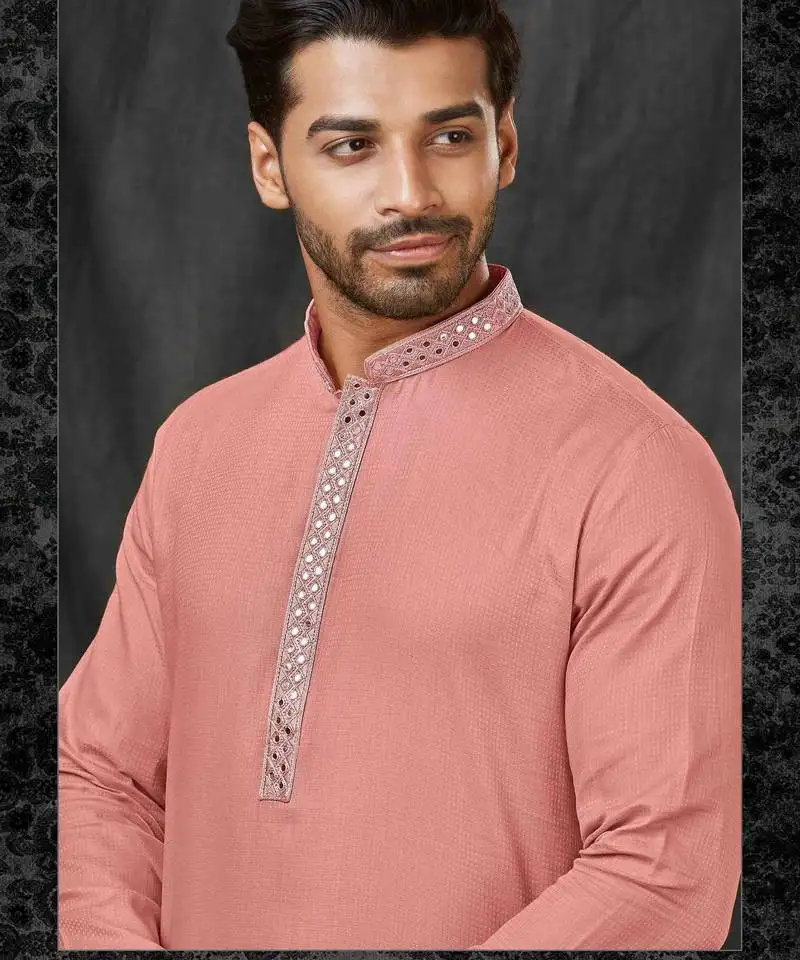 Straight self jacquard peach solid collar neck with embroidery kurta payjama