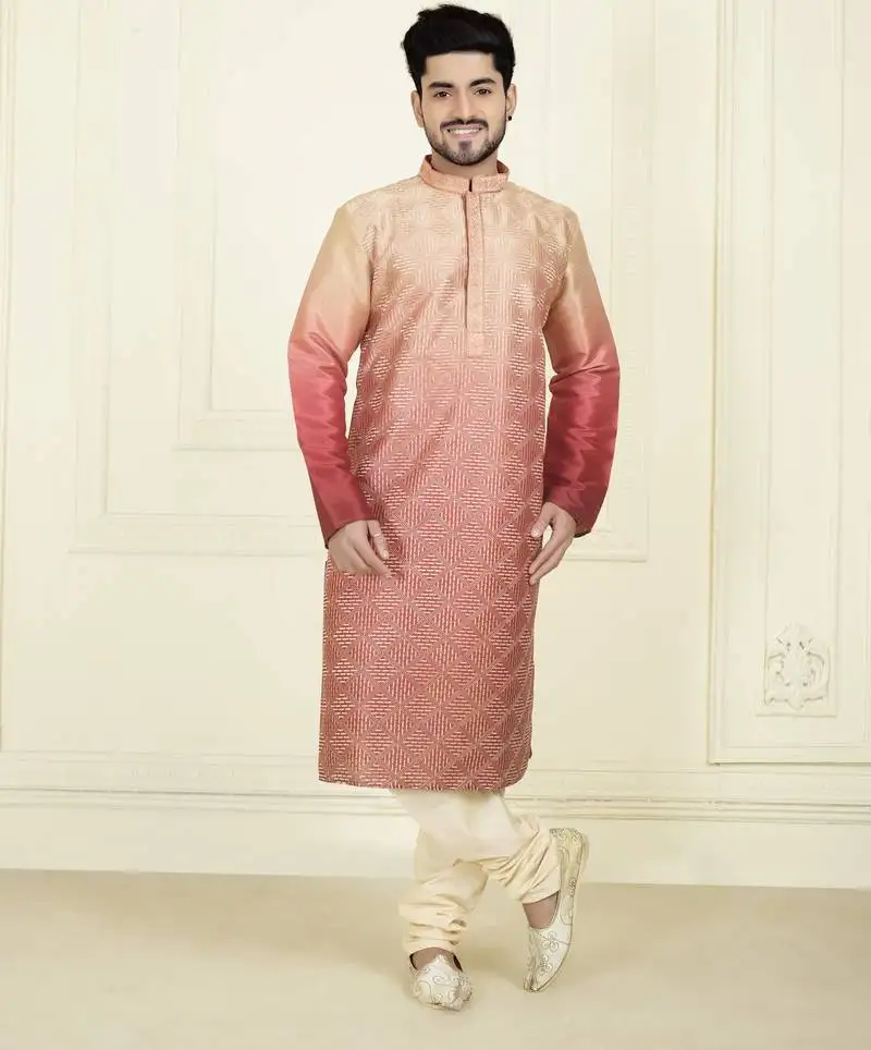 Straight slub silk embroidery peach solid collar neck with embroidery kurta payjama