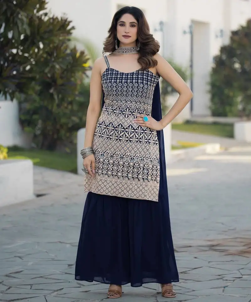 Blue georgette with sequence embroidered work top with plazzo and dupatta
