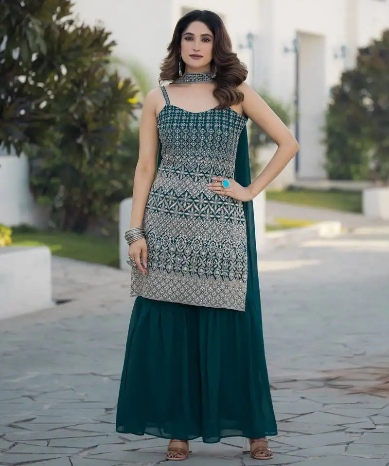 Rama georgette with sequence embroidered work top with plazzo and dupatta