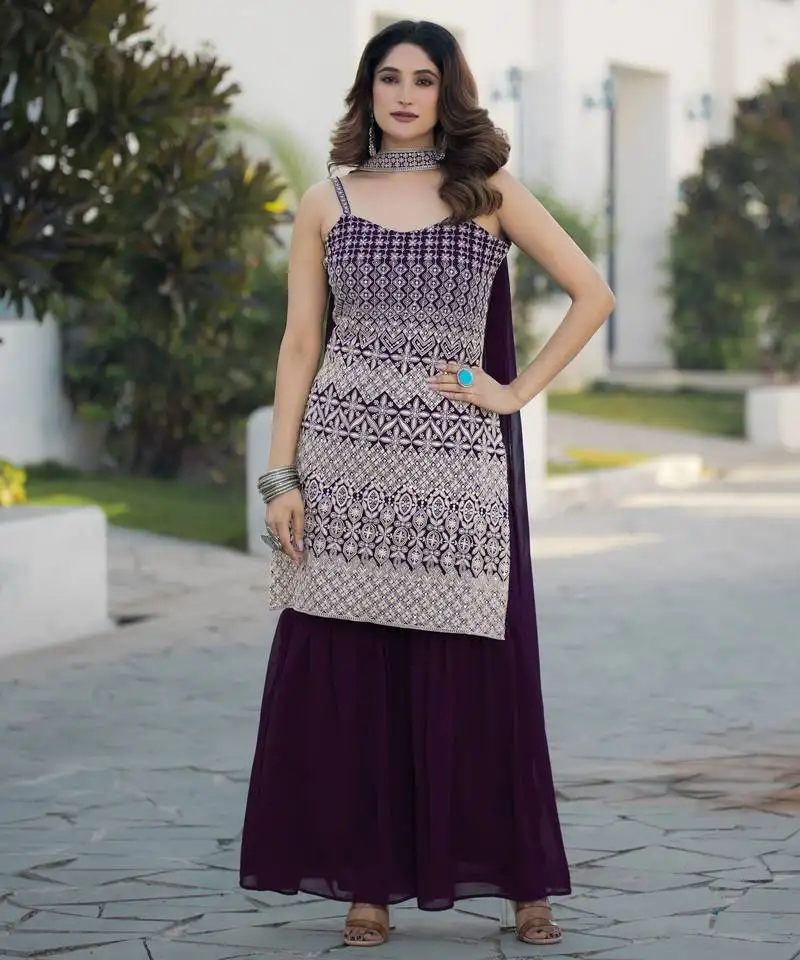 Wine georgette with sequence embroidered work top with plazzo and dupatta