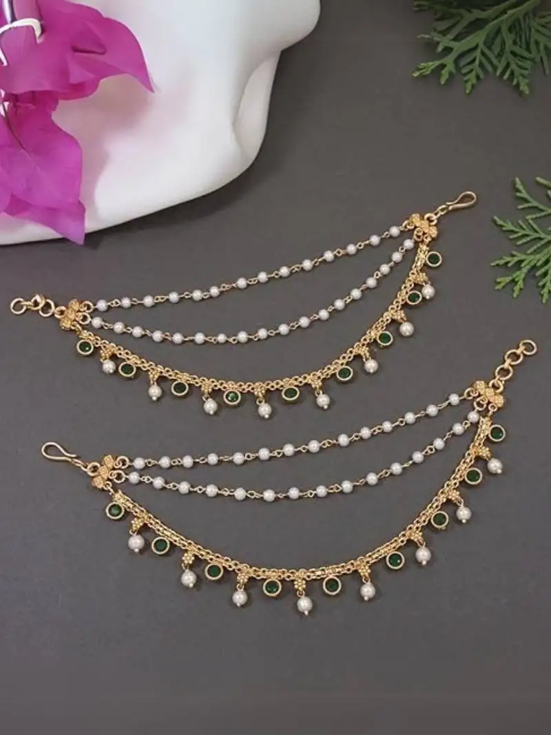 I jewels indian wedding bollywood pearl layered hair chain::Ear chain accessories with hook for women (e3213g)