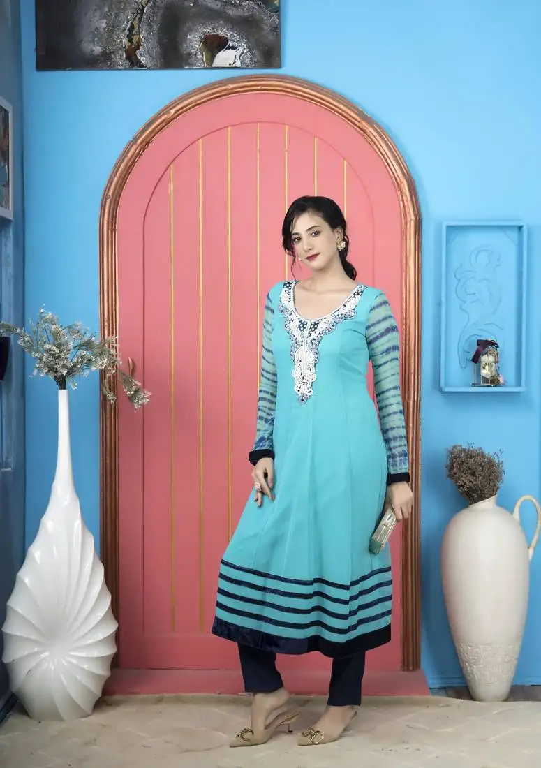 Light-blue embroidered georgette a line kurta pants set