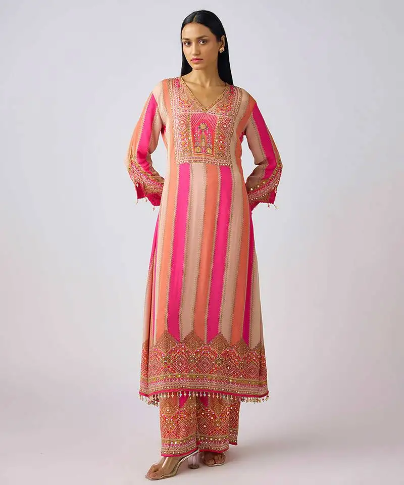 Pink embroidered chinon kurta set
