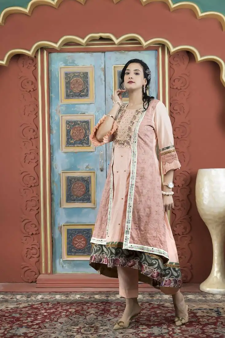 Peach embroidered silk asymmetrical kurta pants set