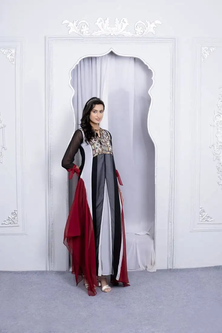 Multicolor embroidered georgette asymmetrical kurta pants set