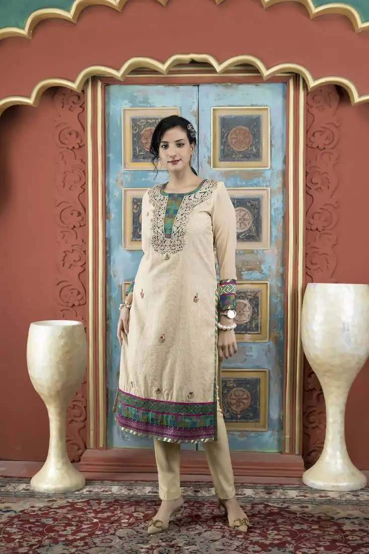 Beige embroidered silk straight cut kurta pants set