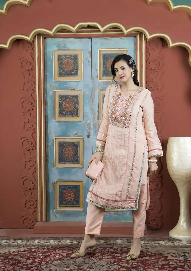 Peach embroidered silk straight cut kurta pants set