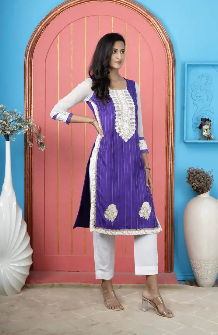 Purple embroidered silk straight cut kurta pants set