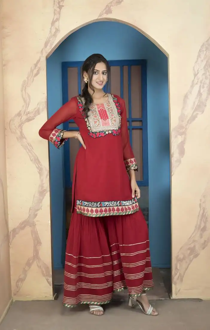 Maroon embroidered georgette straight cut kurta sharara set