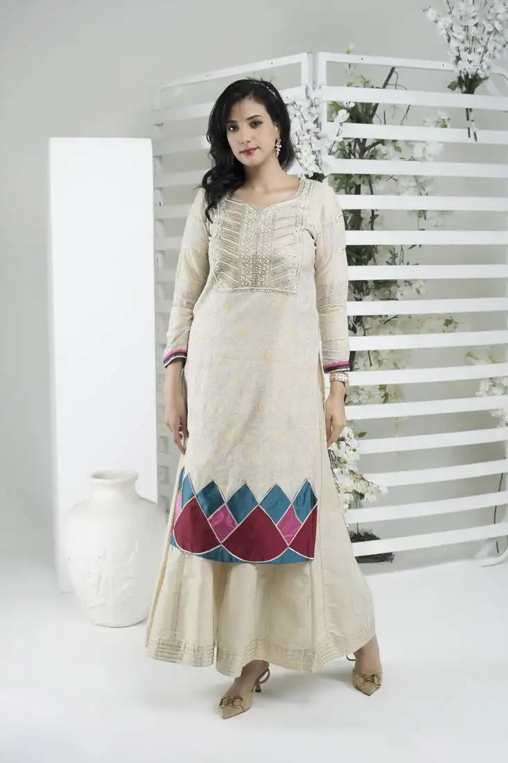 Beige embroidered silk straight cut kurta sharara set