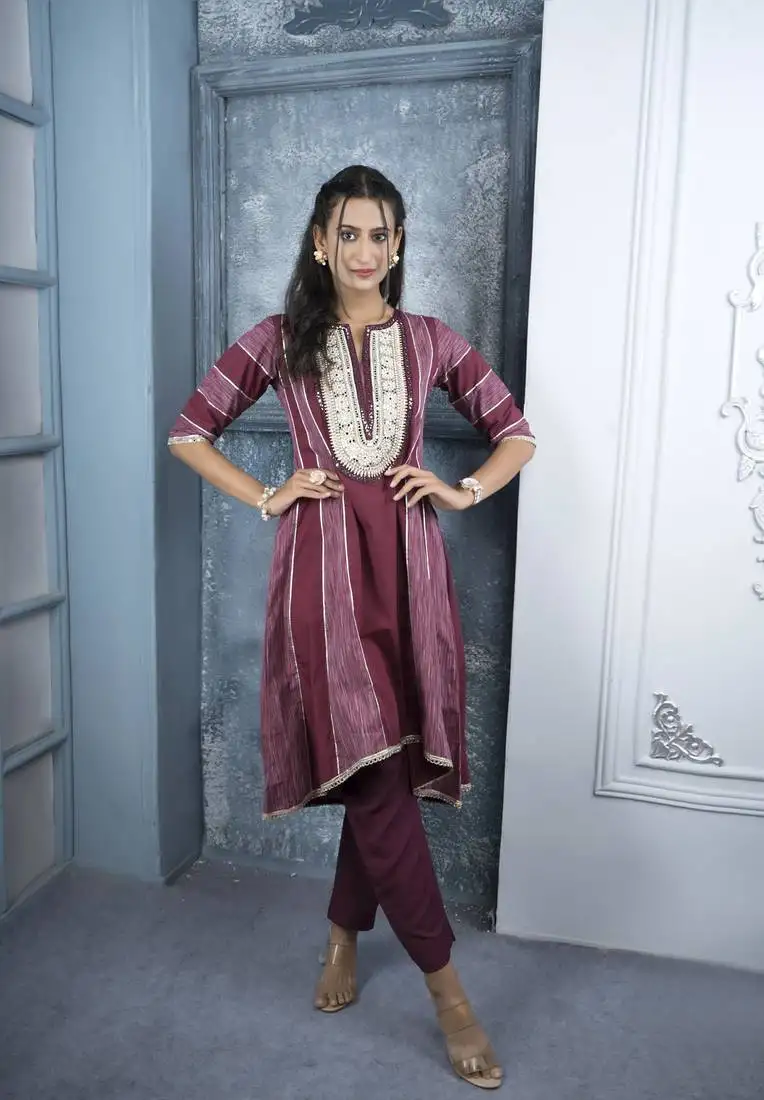 Maroon embroidered silk a line kurta pants set