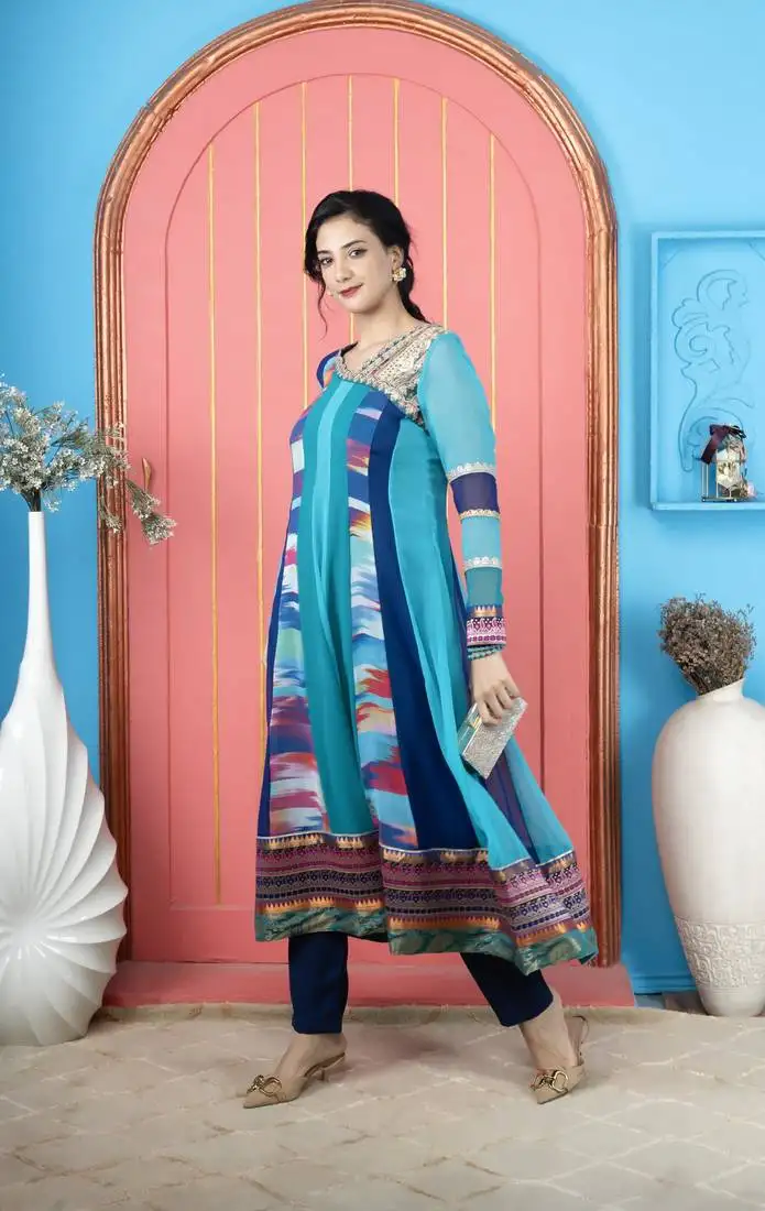 Blue embroidered georgette asymmetrical kurta pants set