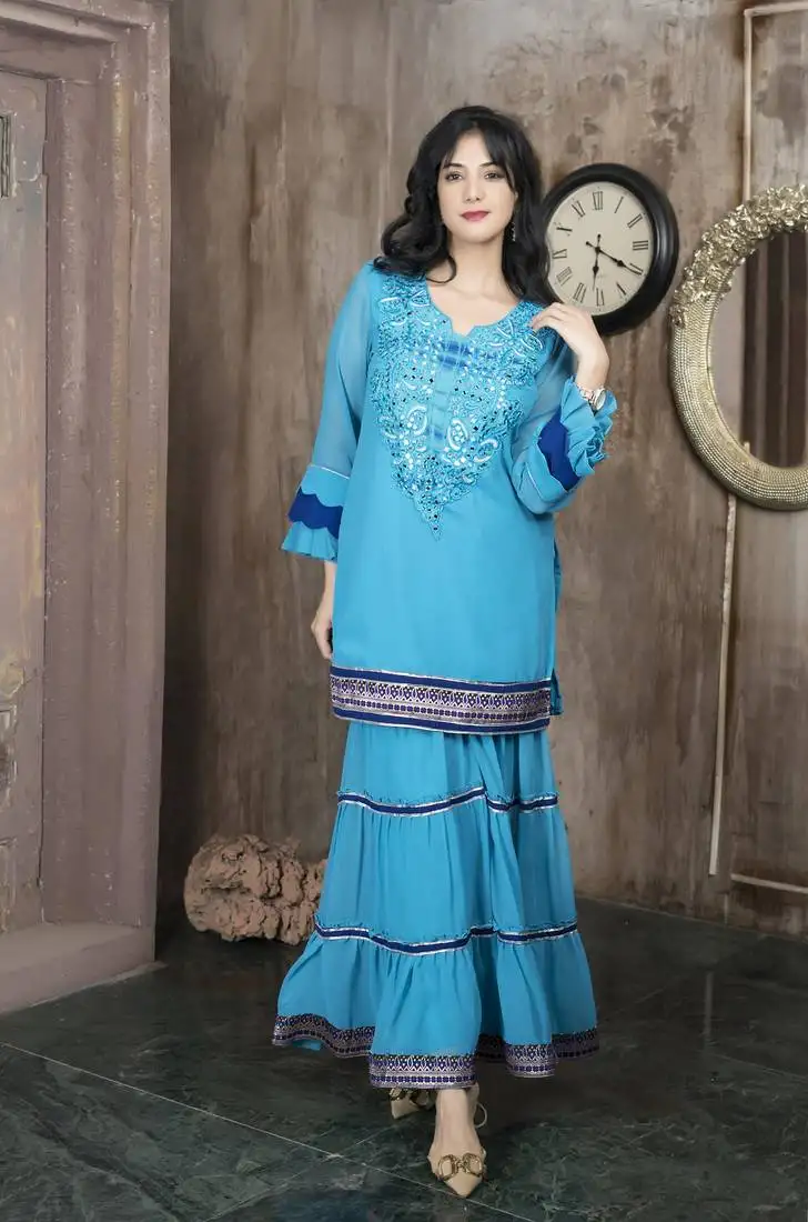 Blue embroidered georgette straight cut kurta sharara set