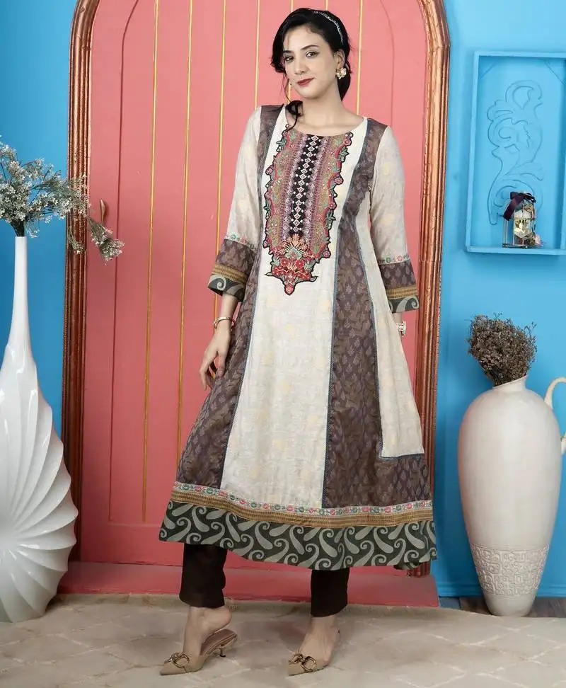 Beige embroidered silk anarkali kurta pants set