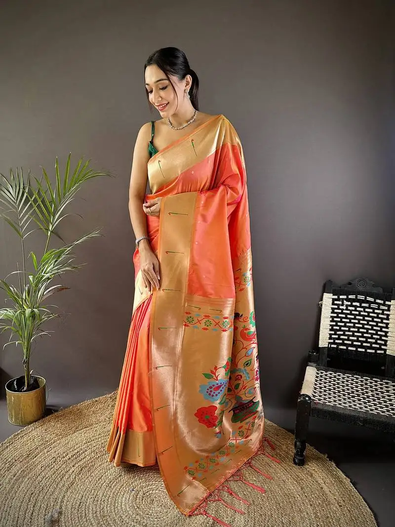 Orange silk blend zari weaving butti kanchipuram saree