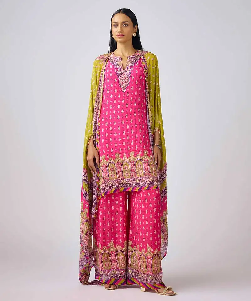 Lime green printed chinon kurta set