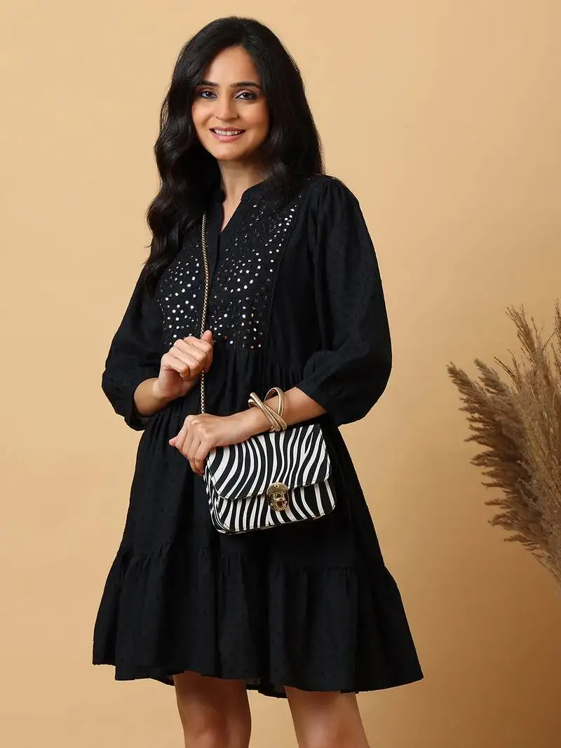 Cotton embroidered a-line mini dress | 3::4 sleeve tiered short dress