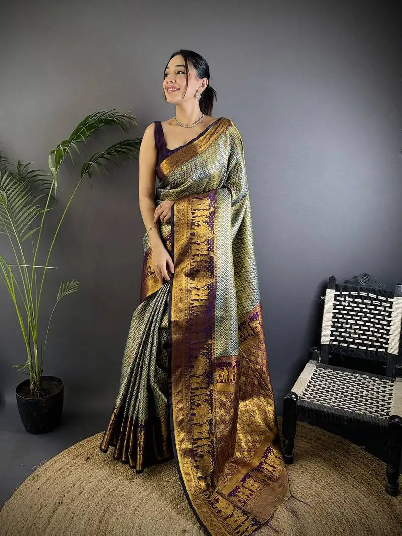 Grey silk leheriya meenakari zari weaves dharmavaram saree