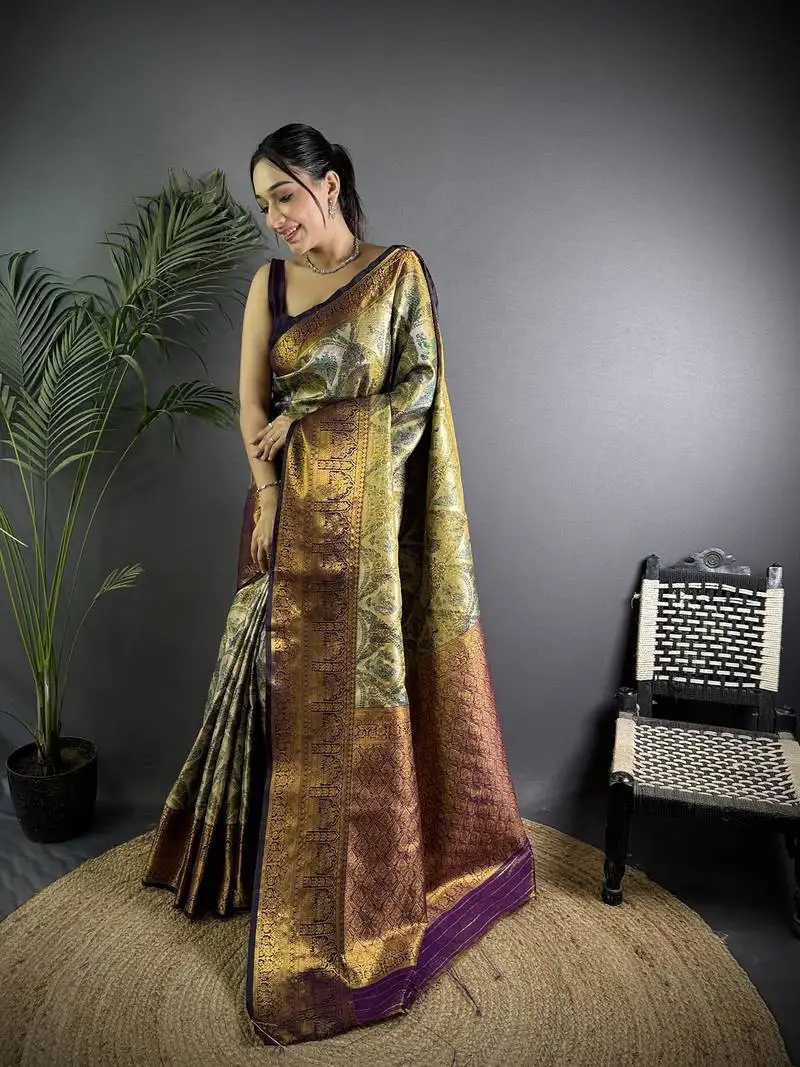 Olive silk leheriya meenakari zari weaves dharmavaram saree