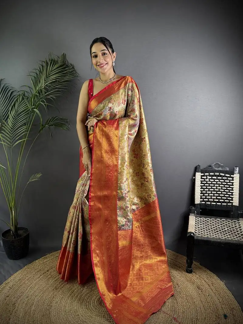 Beige silk leheriya meenakari zari weaves dharmavaram saree