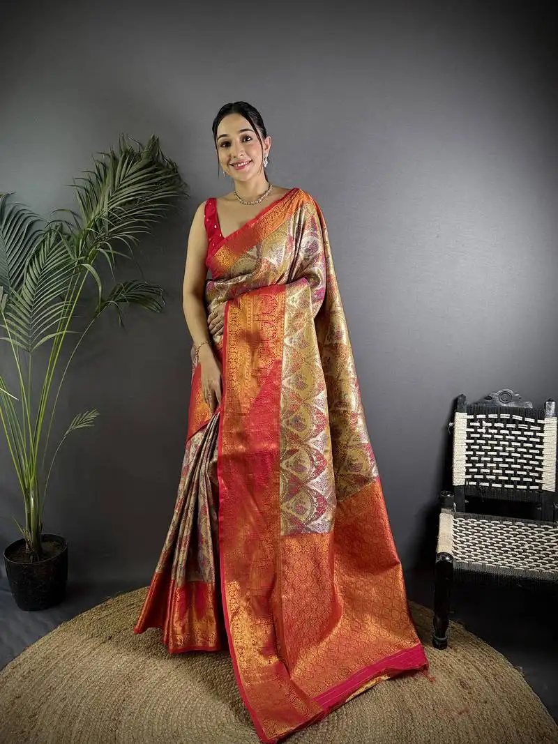 Brown silk leheriya meenakari zari weaves dharmavaram saree