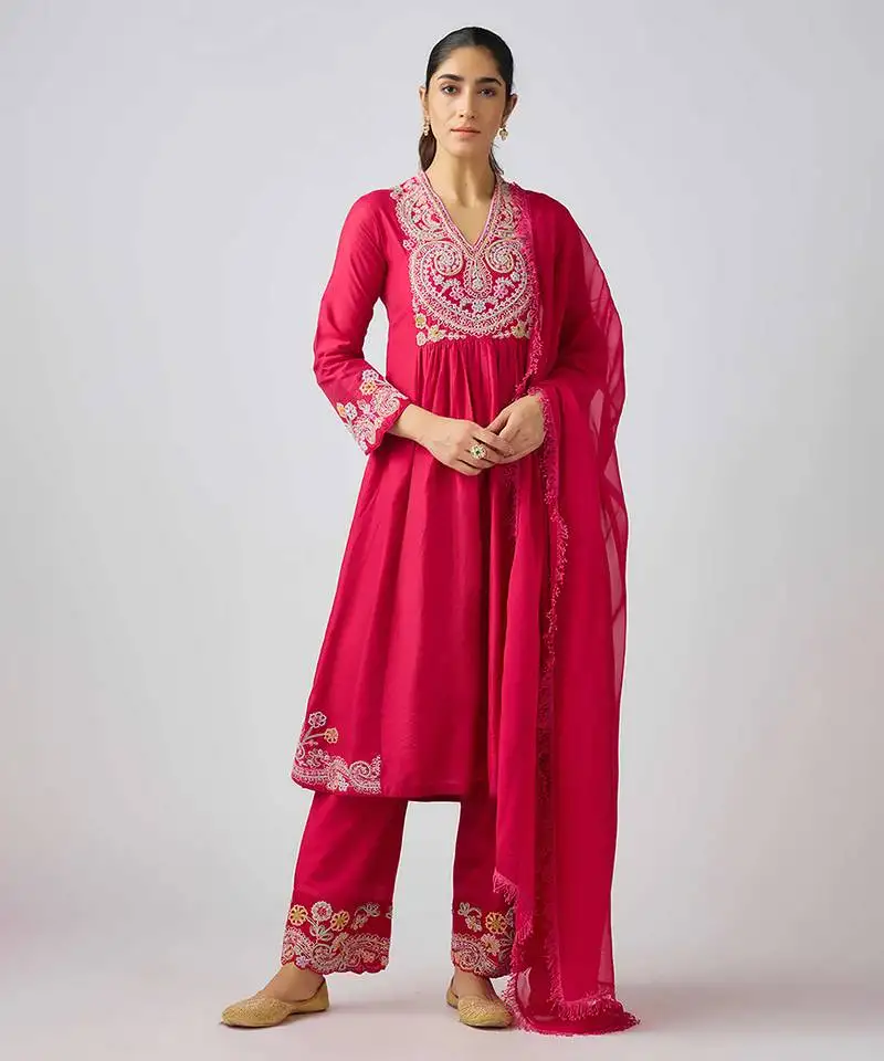 Pink embroidered chanderi silk kurta set
