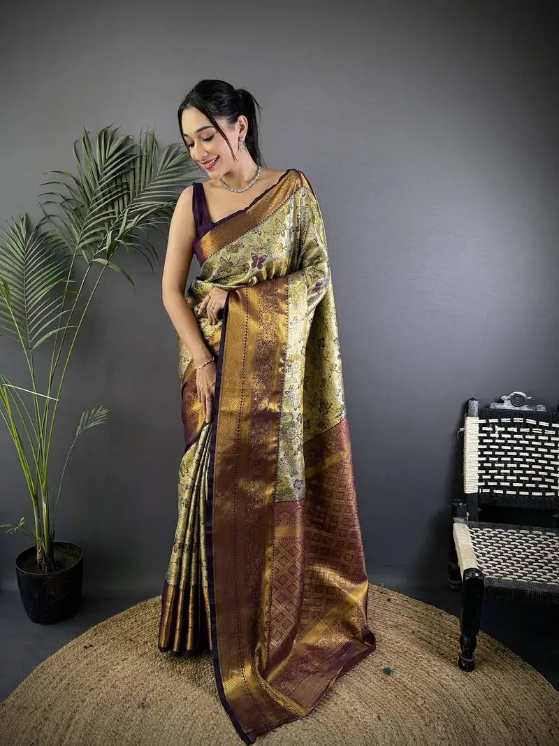 Green silk leheriya meenakari zari weaves dharmavaram saree
