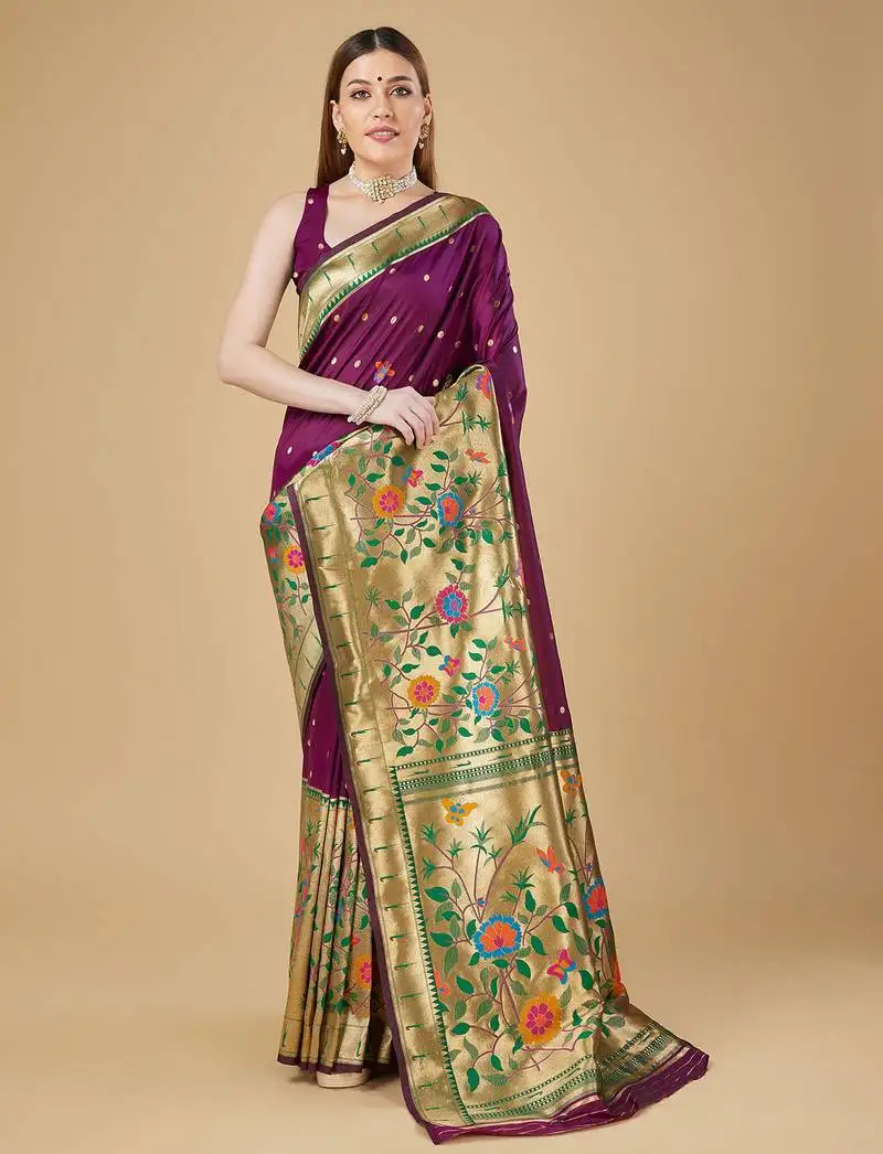 Purple litch silk blend polka dot weaving paithani saree