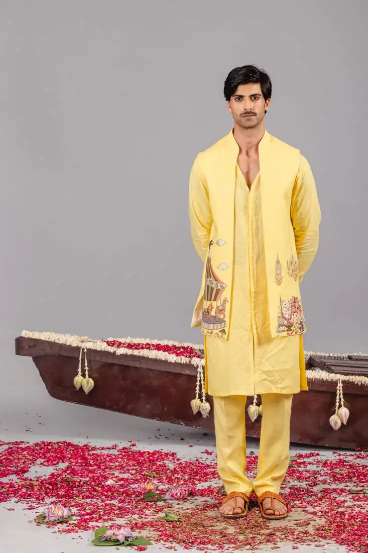 Yellow georgette embroidered linen kurta jacket set for mens