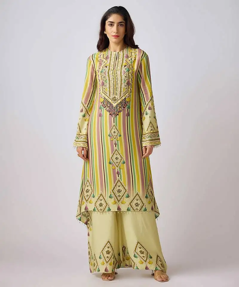 Yellow embroidered muslin kurta set