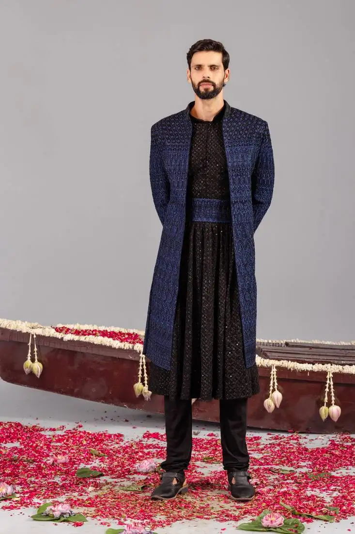 Blue georgette embroidered sherwani set for mens