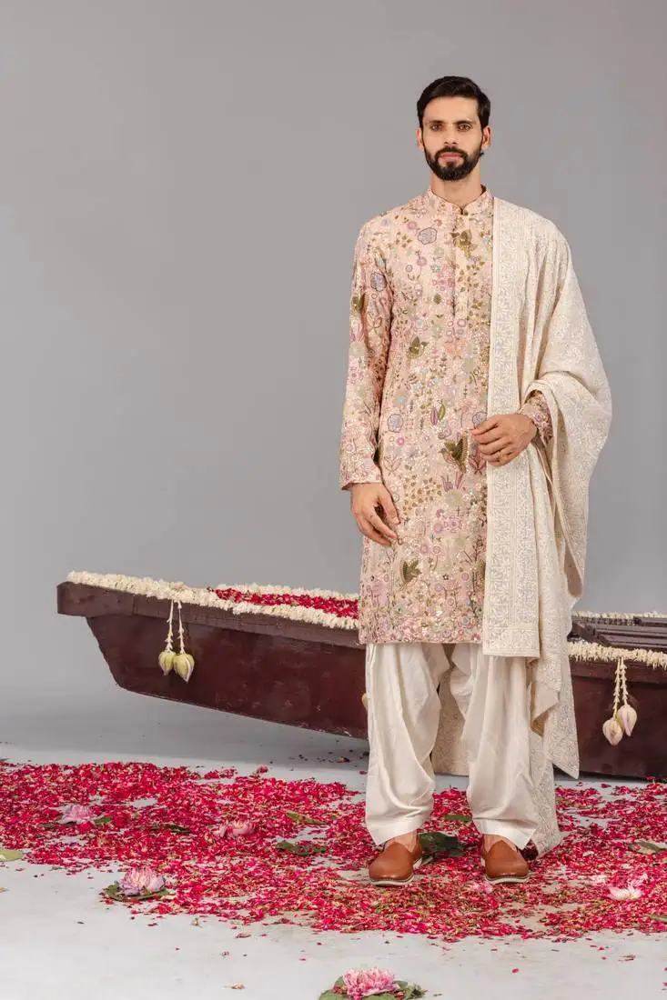 Beige georgette embroidered kurta set for mens