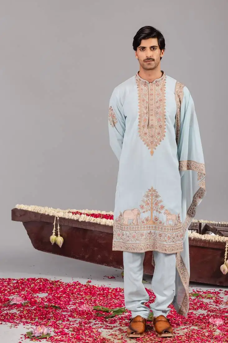 Sky blue georgette embroidered kurta set for mens