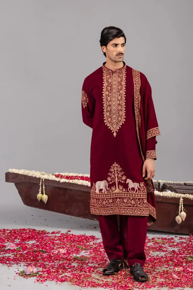 Wine georgette embroidered kurta set for mens
