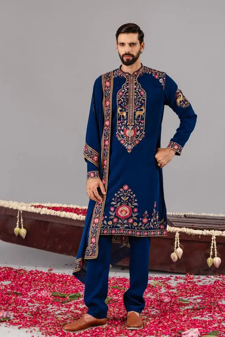 Blue georgette embroidered kurta set for mens