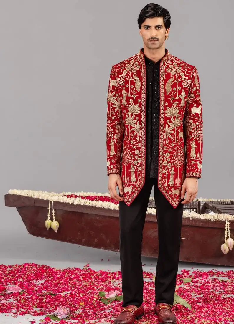Red georgette embroidered jodhpuri set for mens