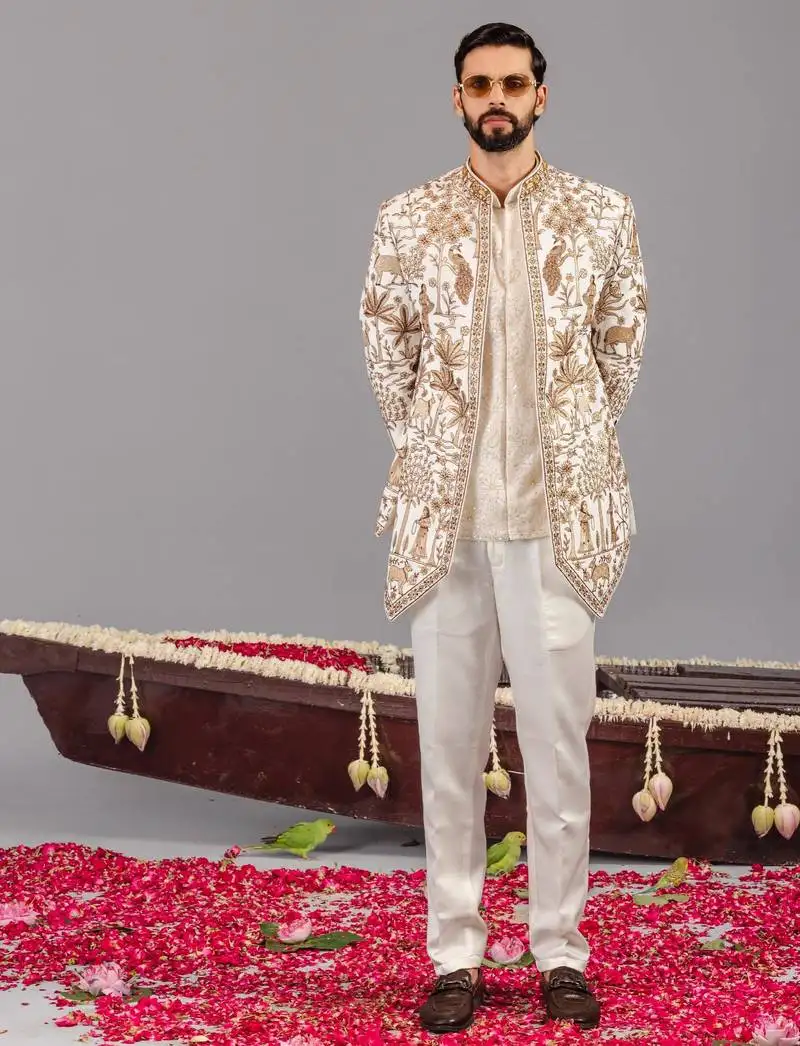 Ivory georgette embroidered jodhpuri set for mens