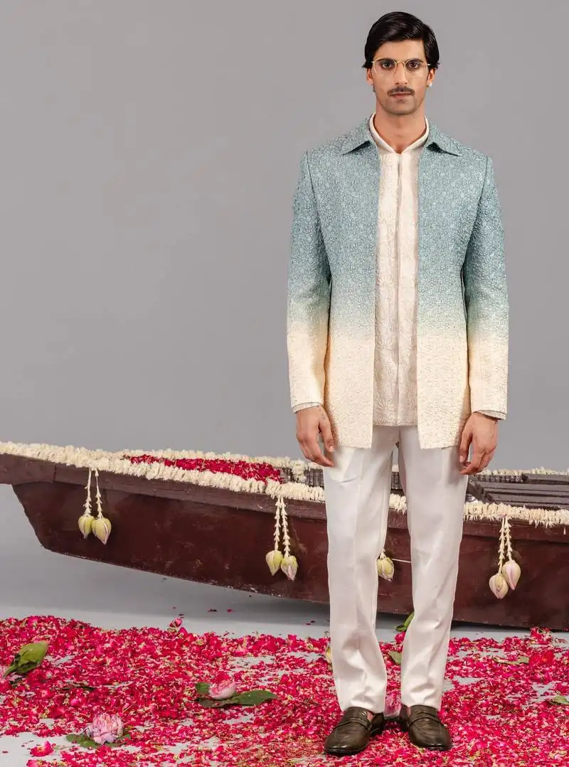 Blue and ivory georgette embroidered jodhpuri set for mens