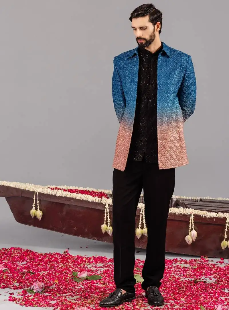 Blue and pink georgette embroidered jodhpuri set for mens