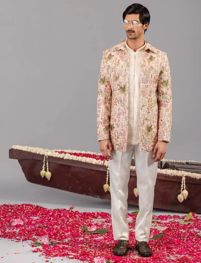 Beige georgette embroidered jodhpuri set for mens